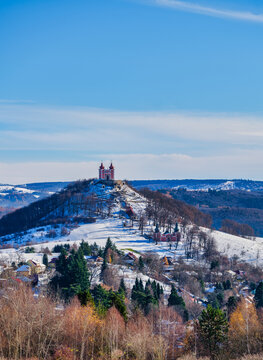 Banska Stiavnica Calvary Complex On Snowy Winter Hill Under Blue Sky Slovakia