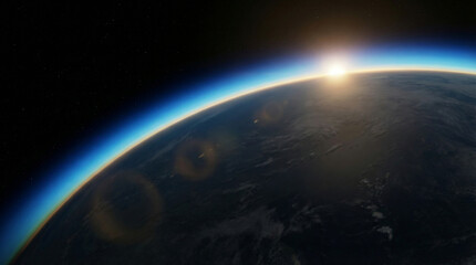 Sunrise Over Earth From Space Showing Curvature and Atmospheric Glow With Stars and Lens Flares.