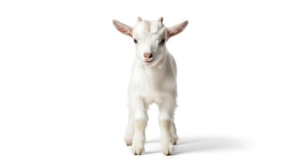 Adorable white baby goat standing isolated on clean background