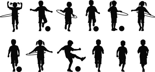 Children playing silhouettes collection, kids running jumping with ball and hula hoop vector illustration isolated on white background © MDRAKIB