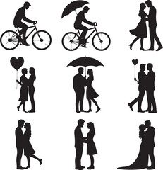 Obraz premium Romantic Couple Heart Silhouette Collection – Love, Wedding & Valentine Vector Icons Set