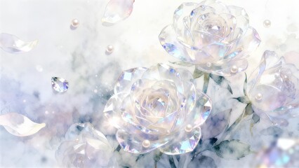Crystal rose flowers illustration, gemstone texture, pearl, transparent flowers, fantastic and dreamy floral wallpaper