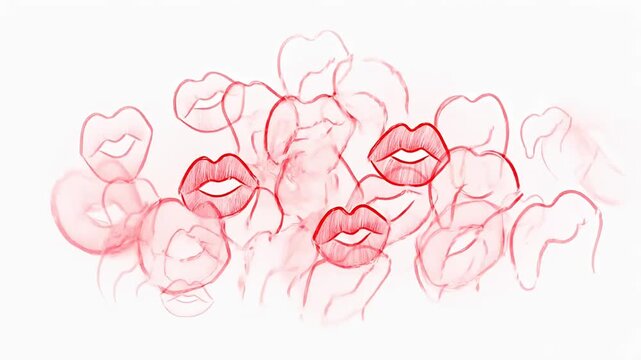 Artistic depiction of multiple red lips overlapping on a white background