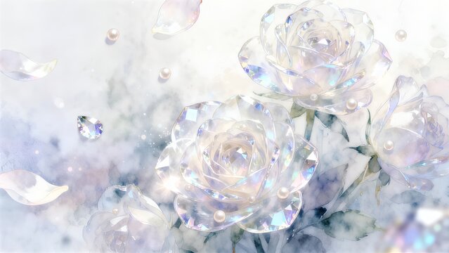 Crystal rose flowers illustration, gemstone texture, pearl, transparent flowers, fantastic and dreamy floral wallpaper