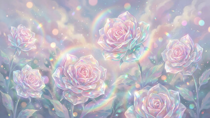 Colorful and dreamy crystal rose flower background illustration: fantasy rose garden