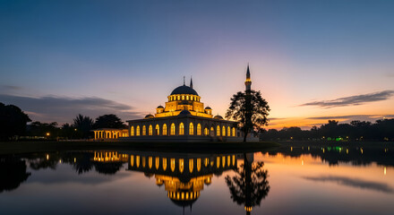 Obraz premium Golden mosque reflected in water at sunset