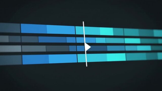 Abstract digital timeline with blue and grey blocks and a central playhead marker.
