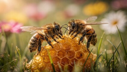 Bees interact on honeycomb in grassy field with flowers nearby outdoors
