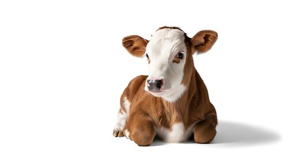 Adorable brown and white calf lying down on white background