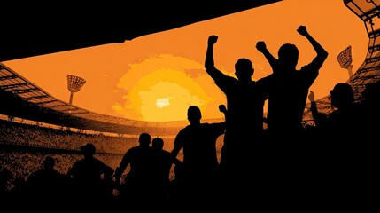 Silhouette of cheering fans in a stadium at sunset celebrating victory