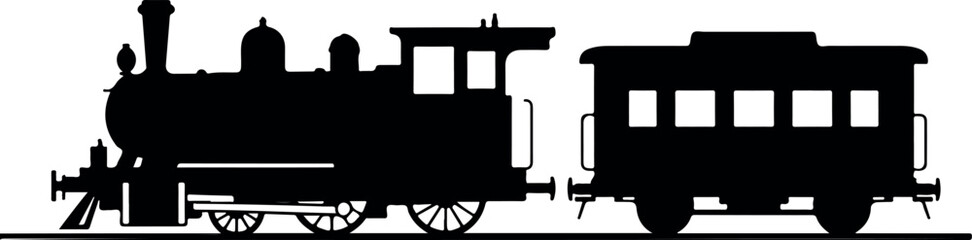 Vintage Steam Train Silhouette on Railway Track Classic Locomotive Vector Illustration Retro Train Transportation History Flat Art © Rafad_Studio