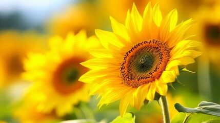 Obraz premium Vibrant sunflowers basking in sunlight, showcasing bright yellow petals and lush green leaves