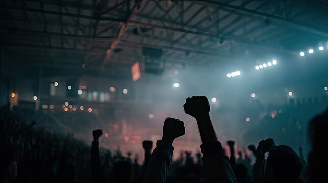Silhouetted fists raised in a crowded indoor arena with dramatic lighting