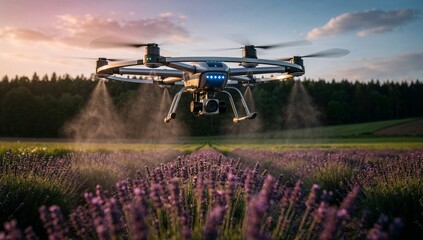 Drone sprays fertilizer on lavender field at sunset in rural landscape