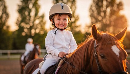 Little child riding horse wearing helmet outdoors in field with trees