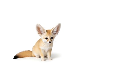 Adorable Fennec fox pup sitting looking forward on white background