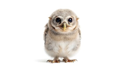 Adorable fluffy baby owl standing on clean white background