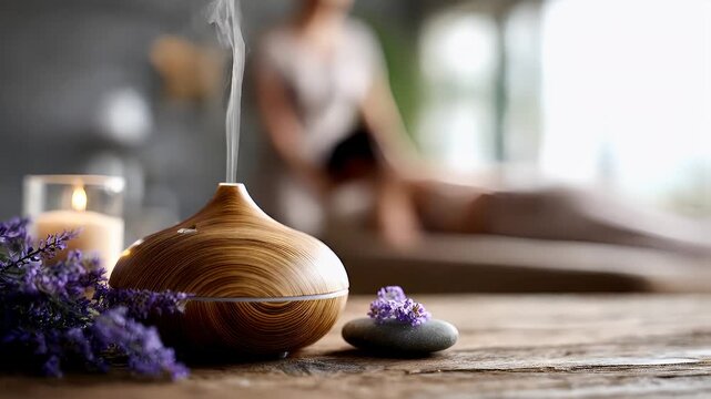 Therapy stress release treatment, health lifestyle. A woman in a relaxed pose, surrounded by a wooden diffuser emitting a pleasant aroma, a candle.