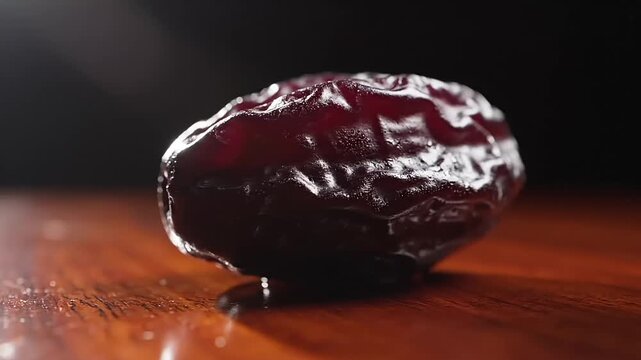 A single, wrinkled dried date rests on a polished wooden surface with dramatic lighting