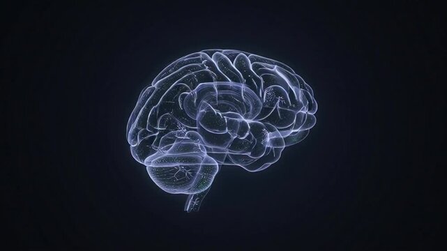3D wireframe brain hologram glowing with blue light, science and technology concept
