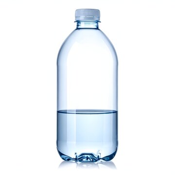 Plastic water bottle with half full of clear liquid.