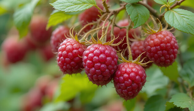 Fresh ripe raspberries on bush in garden