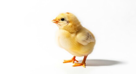 Fototapeta premium Adorable fluffy yellow baby chick standing on white background