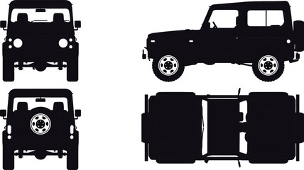 Off road SUV silhouette set in front, side, rear and top views isolated on white background, 4x4 vehicle illustration for transport design © MstFerdousi
