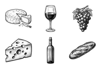 Naklejka premium Vintage engraving style collection of wine, cheese, grapes, and baguette bread icons isolated on a plain surface.