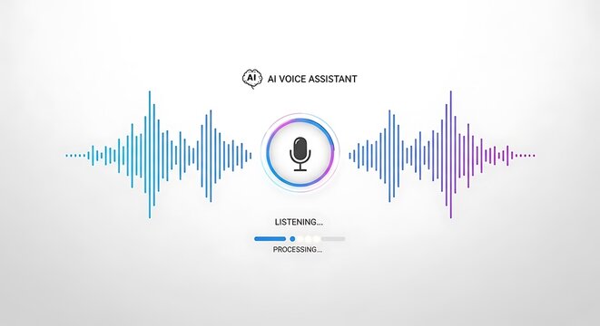 AI voice assistant interface with sound waves and microphone icon