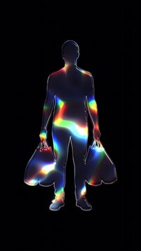 A shoulder bag man shimmering with various colored lights on a glass-like surface with an alpha channel. Seamless loop video.