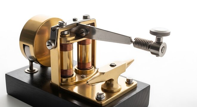 Antique brass Morse code telegraph key on white background