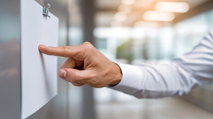 Hand pointing at blank paper in modern office