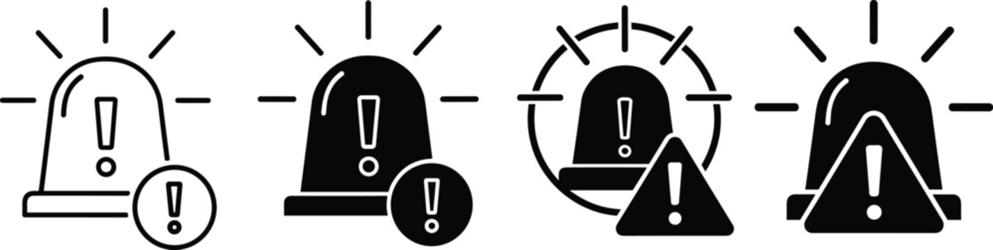 Emergency siren alert vector icon collection, black flasher light with exclamation mark symbols, warning notification signals isolated on white background, SEO