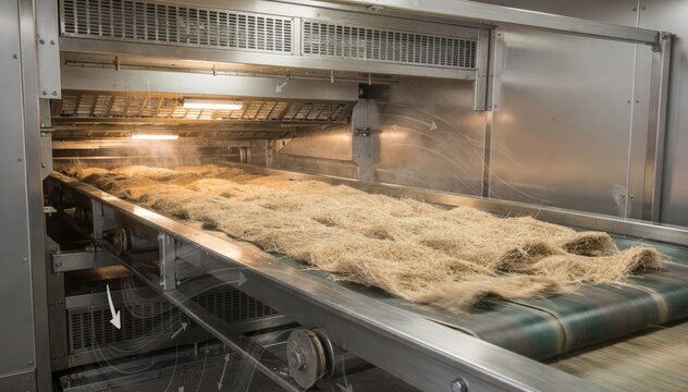 Medium shot of a continuous fiber drying tunnel showing conveyor movement transporting washed fibers through lowtemperature drying zones with controlled air flow for gentle