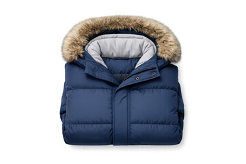 Warm blue puffer jacket with fur-lined hood for winter outdoor activities
