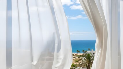 Waving White Curtains on Balcony with Blue Ocean View for Summer Vacation Concept 여름 휴가 컨셉을 위한 푸른 바다 전망의 발코니에서 휘날리는 하얀 커튼