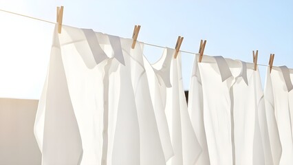 White Linen Laundry Hanging on Clothesline with Wooden Pins for Freshness Concept 신선한 세탁 컨셉을 위해 빨랫줄에 나무 집게로 걸어둔 하얀 린넨 천들