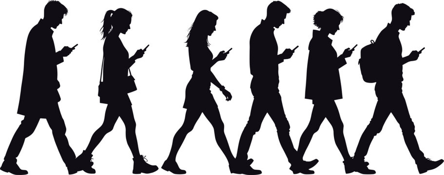 Silhouette of people walking while using smartphones, modern urban lifestyle concept showing men and women addicted to mobile phones isolated on white background