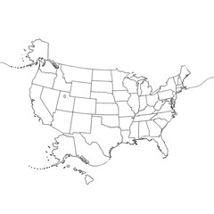 USA Map Outline - United States Territory Lines, Continental States, Alaska & Hawaii Silhouette, Clean Line Art, Simple Vector Graphic for Concept Design