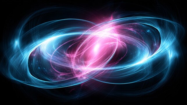 3D render of swirling magnetic field lines trapping a high-energy cloud of hot pink and neon blue plasma. The energy ribbons form a complex toroidal shape signifying stability and confinement. 