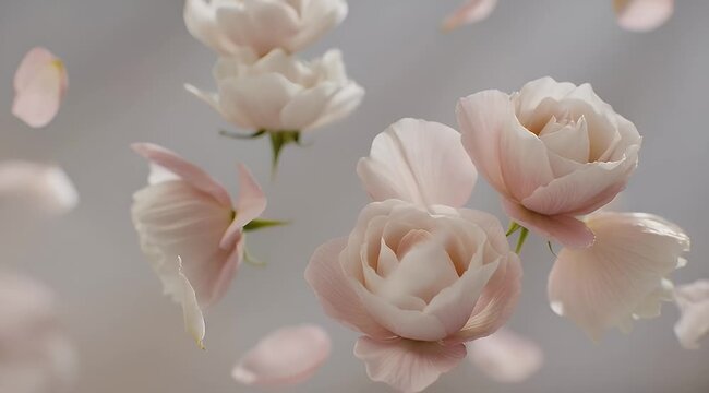 Elegant arrangement of delicate light pink roses and scattered petals against muted background