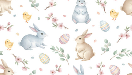 Obraz premium Delicate Easter watercolor seamless pattern with bunnies, chicks and cherry blossom branches