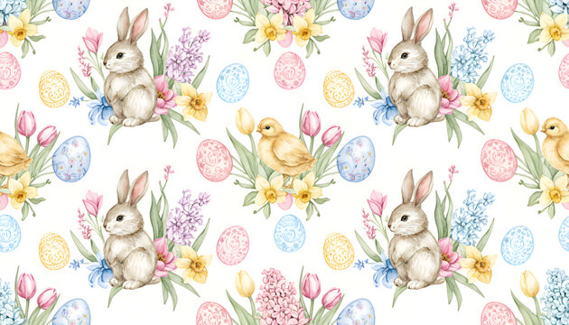 Easter watercolor seamless pattern with cute bunnies, yellow chicks and spring floral bouquets