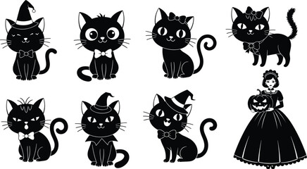 Halloween cat silhouette, festive pumpkin illustration, witch hat vector, spooky holiday design, decorative black feline art, vintage costume icon © Rahena ARAFAT