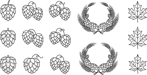 Hops and wheat icon set, brewery logo elements, maple leaf vectors, beer ingredients, harvest wreaths, organic farming symbols, agricultural line. © Rahena ARAFAT