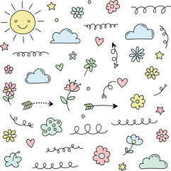 Obraz premium Whimsical illustration of flowers, clouds, and hearts surrounding a smiling sun in a playful, hand-drawn style on a clean background