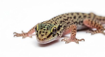 Close up of patterned gecko with large eyes on white background