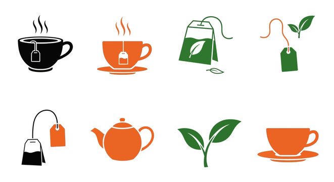 Tea cups, teapot, and tea bags in simple illustrations.