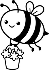 Naklejka premium Cute kawaii bee flying with flower bucket spring vector